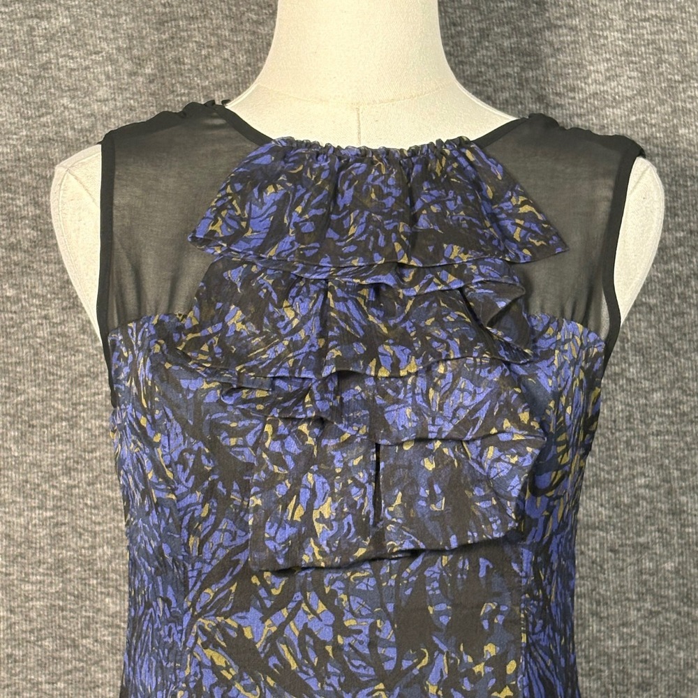 Kensie Womens Abstract Print Ruffle Mesh Sleeveless Dress Blue Black Small - Picture 3 of 15